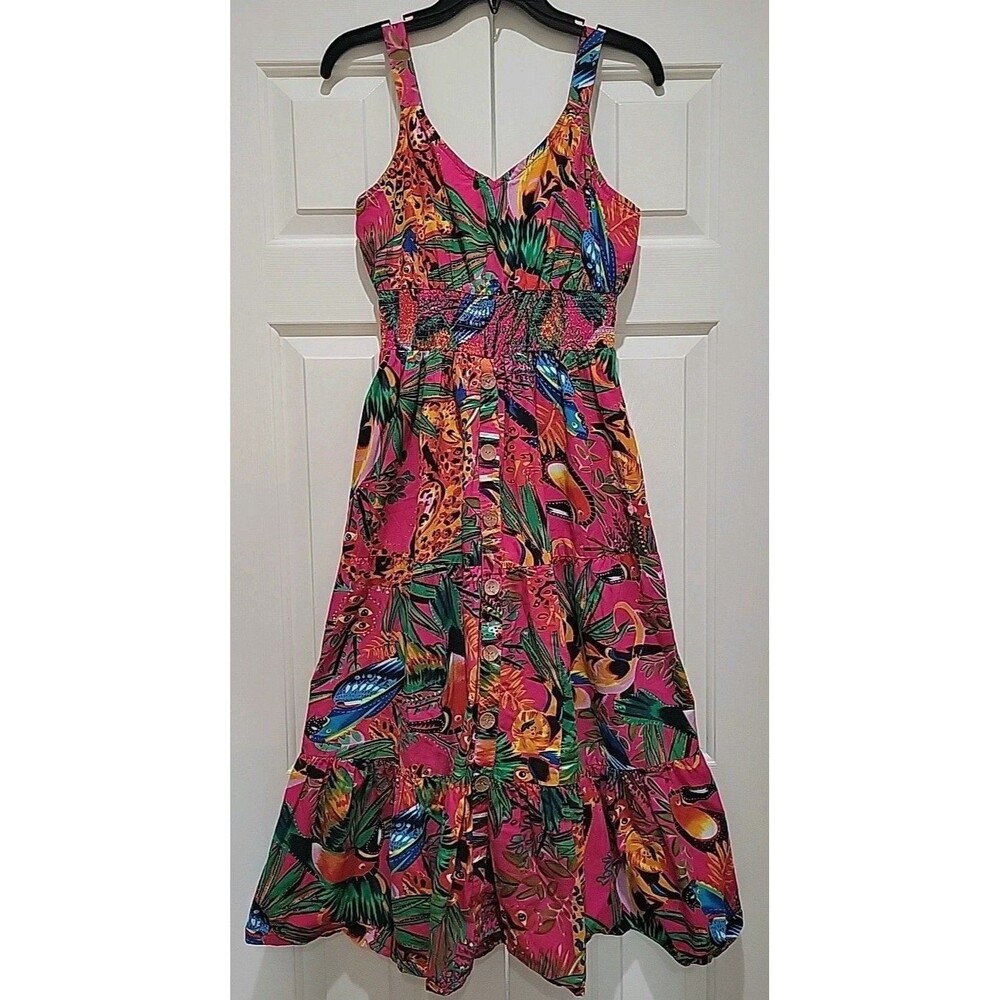 NAOO NATION AK OUTFITS Sleeveless V-Neck Smocked Waist Maxi Dress Tropical Small